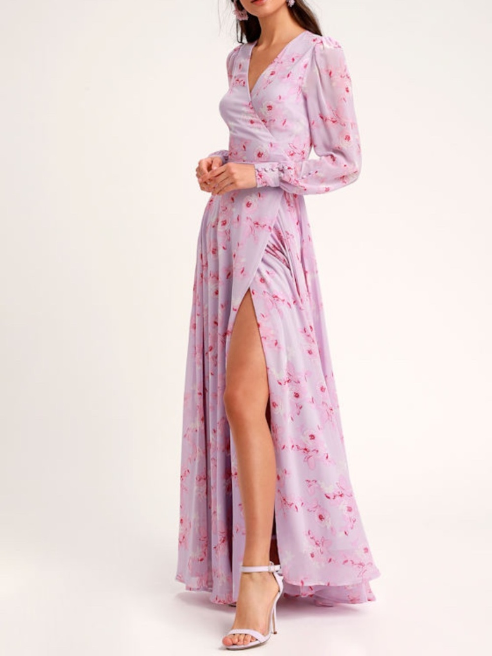 Lulus My Whole Heart Lavender Floral Print Long Sleeve Wrap Dress Purple